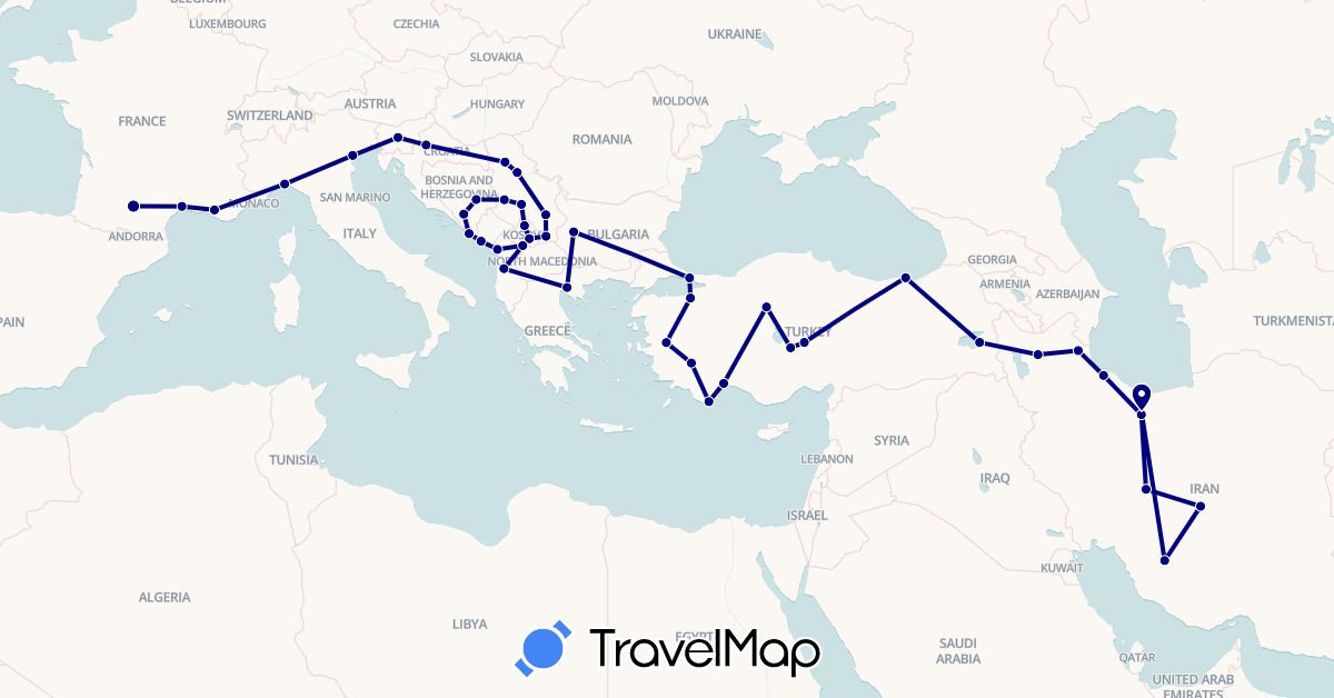 TravelMap itinerary: driving in Albania, Bosnia and Herzegovina, Bulgaria, France, Greece, Croatia, Iran, Italy, Montenegro, Serbia, Slovenia, Turkey (Asia, Europe)